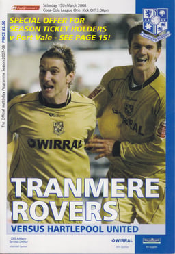 Tranmere Rovers v Hartlepool United Match Programme 2008-03-15